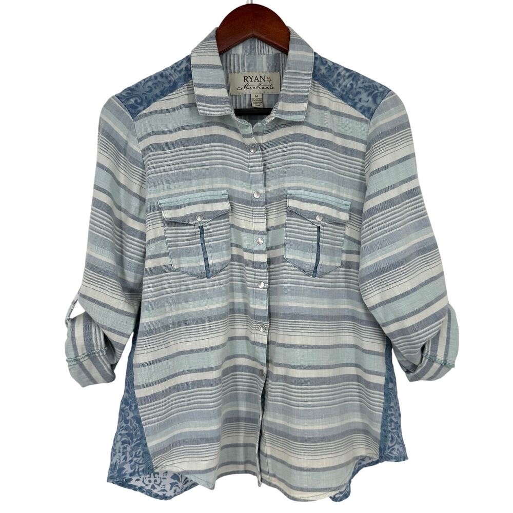 Ryan Michael Womens Medium Blue Lace Western Blouse Shirt Top Artsy Cute Rodeo